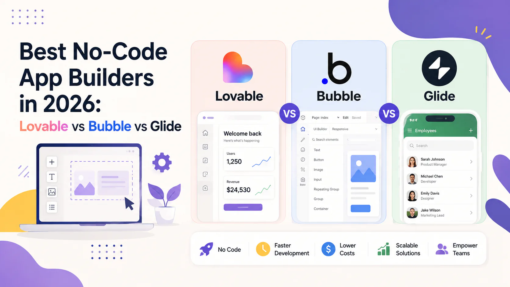 Lovable, Bubble, and Glide no-code app builder interfaces compared side by side showing AI generation, visual workflow logic, and spreadsheet-to-app conversion in 2026