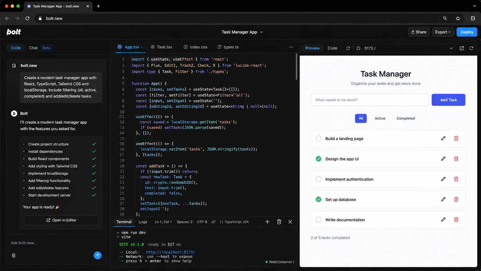 Bolt.new browser IDE with WebContainer running Node.js and live-editable generated app code