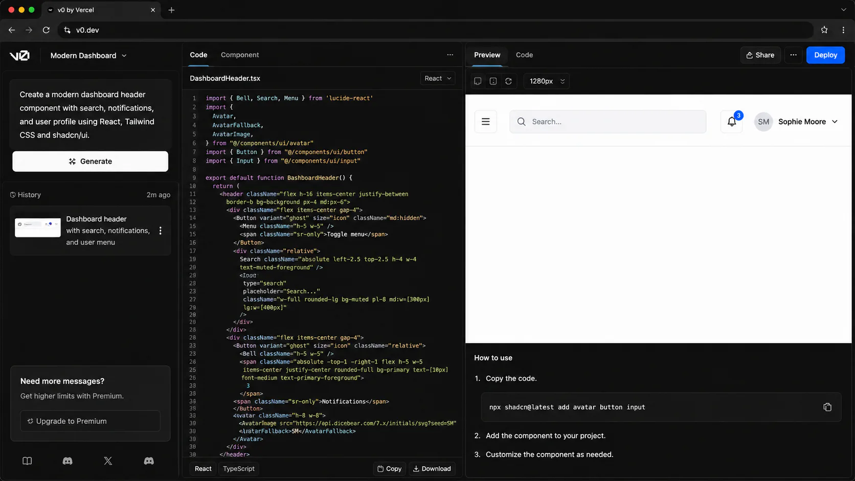 v0 by Vercel generating a React and Tailwind component with shadcn/ui in seconds