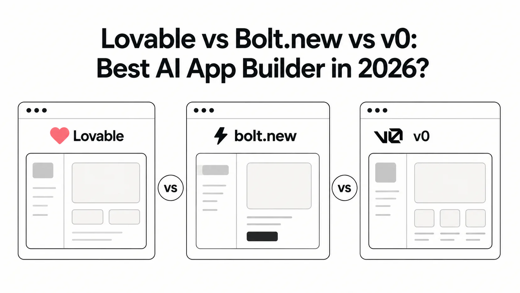 Lovable, Bolt.new, and v0 AI app builder interfaces side by side in 2026