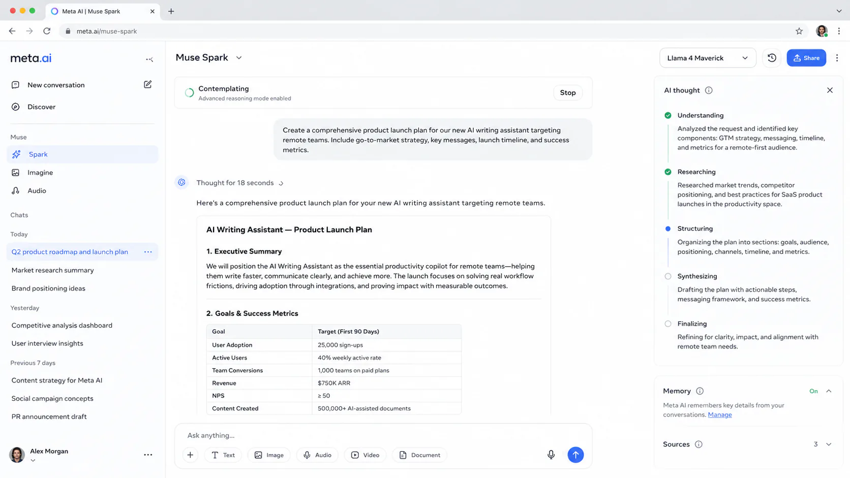 Meta Muse Spark interface on meta.ai showing Contemplating mode and multimodal input options
