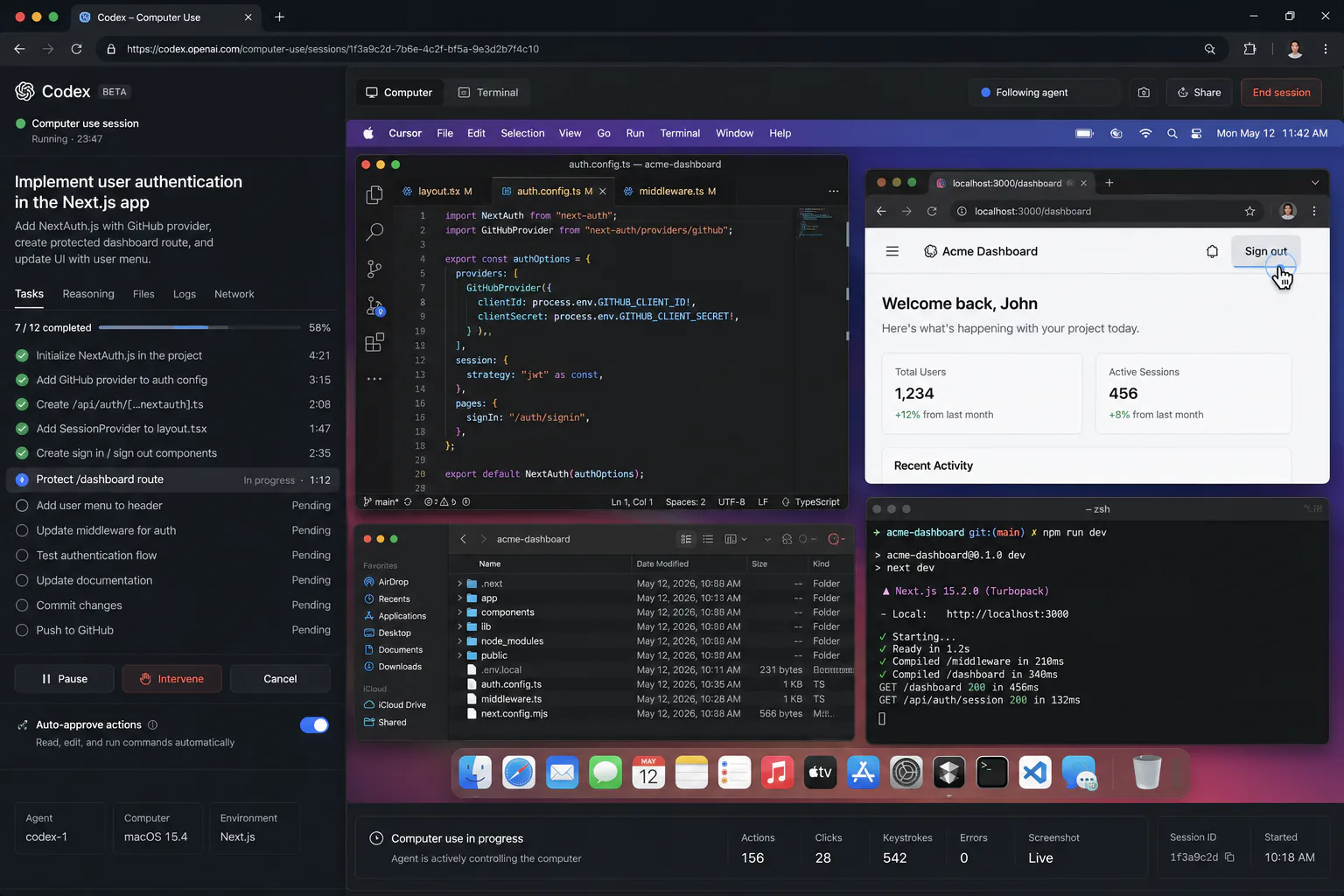 ChatGPT Codex Computer Use interface showing the agent clicking and typing inside a macOS desktop application during an automated engineering workflow in 2026