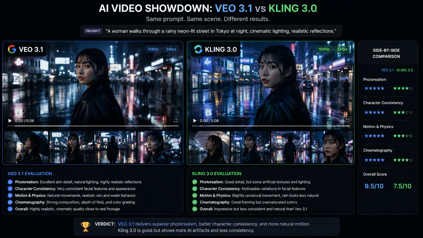 Side-by-side AI video output from Veo 3.1 and Kling 3.0 showing photorealism and character consistency differences