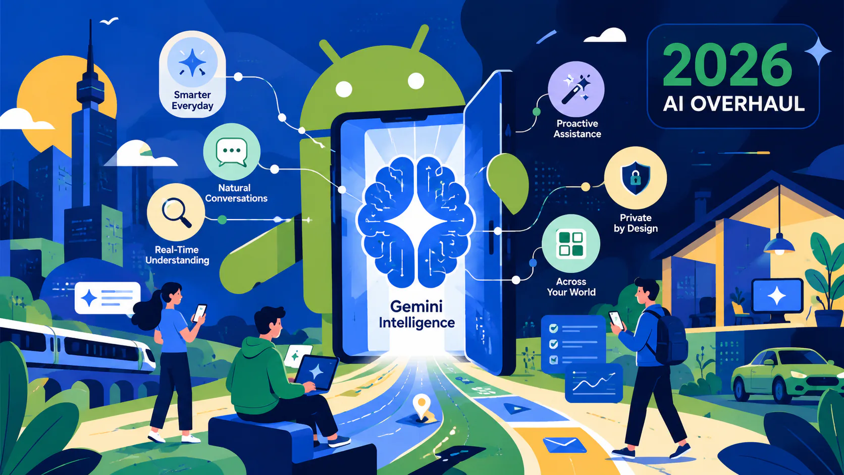 Android phone showing Gemini Intelligence generative widgets and Autofill on a home screen