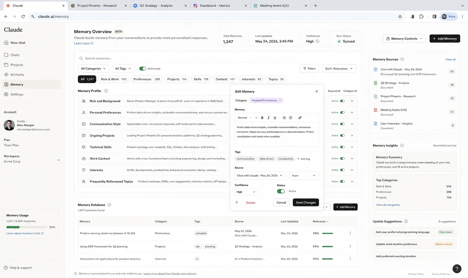Claude memory view panel in claude.ai showing a synthesized personal summary with role, preferences, and project details all editable