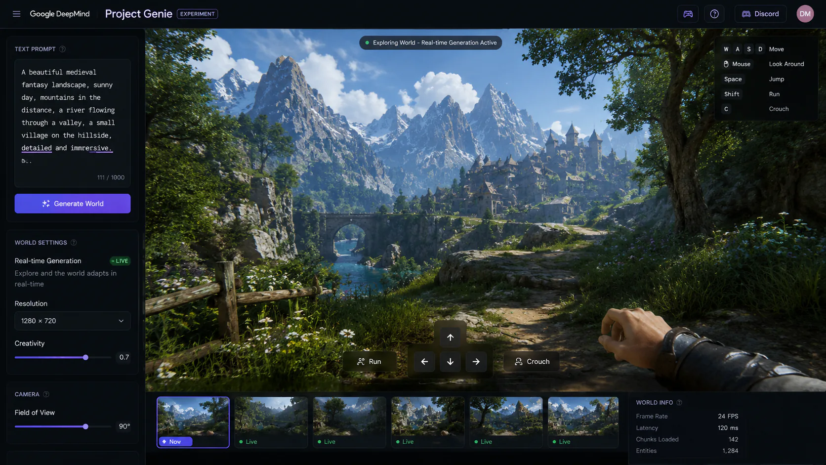 Project Genie interface showing a user navigating a real-time 3D world generated from a text prompt using Google DeepMind Genie 3