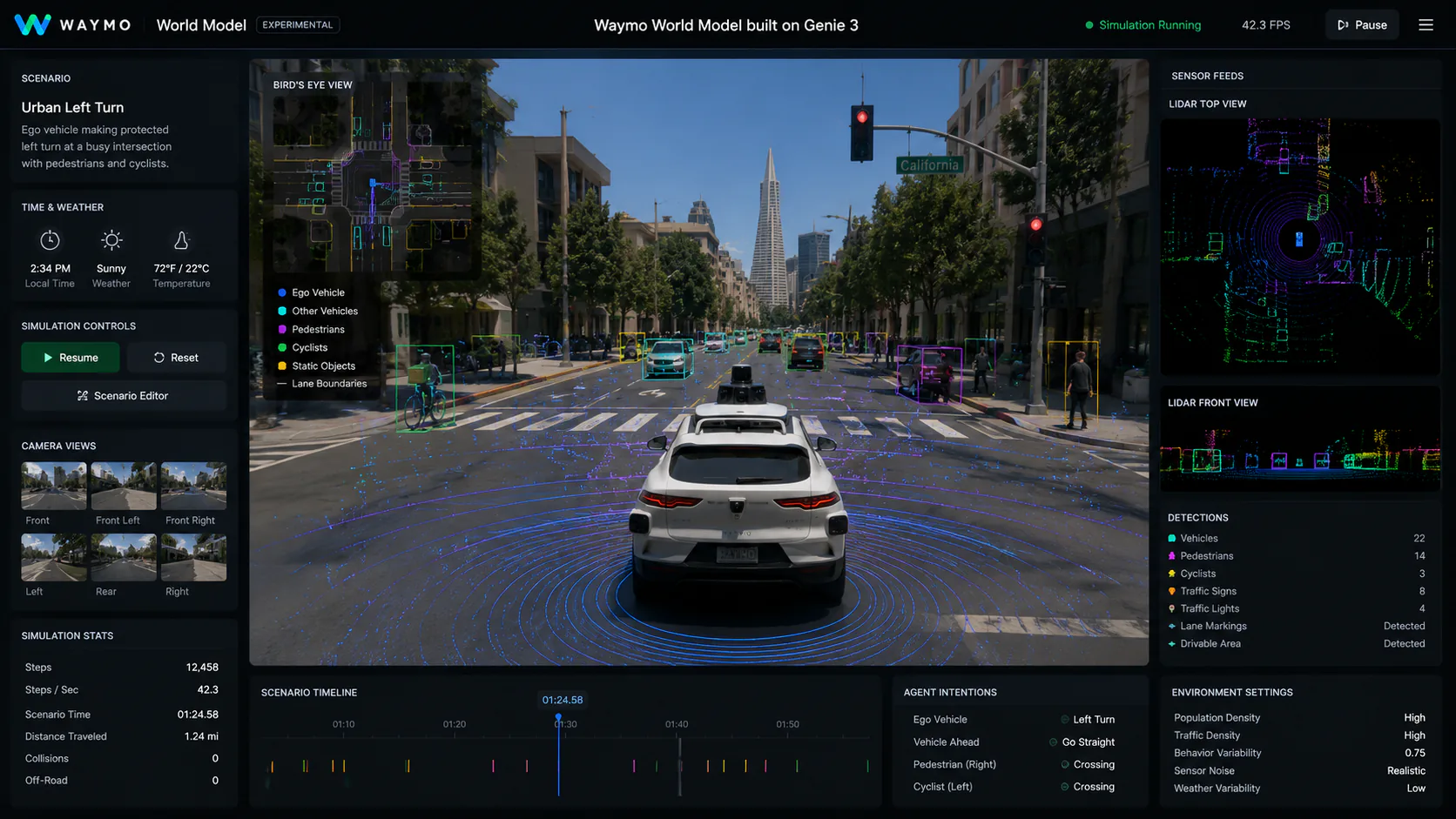 Waymo World Model simulation built on Genie 3 showing a photorealistic autonomous vehicle training environment with camera and lidar overlays