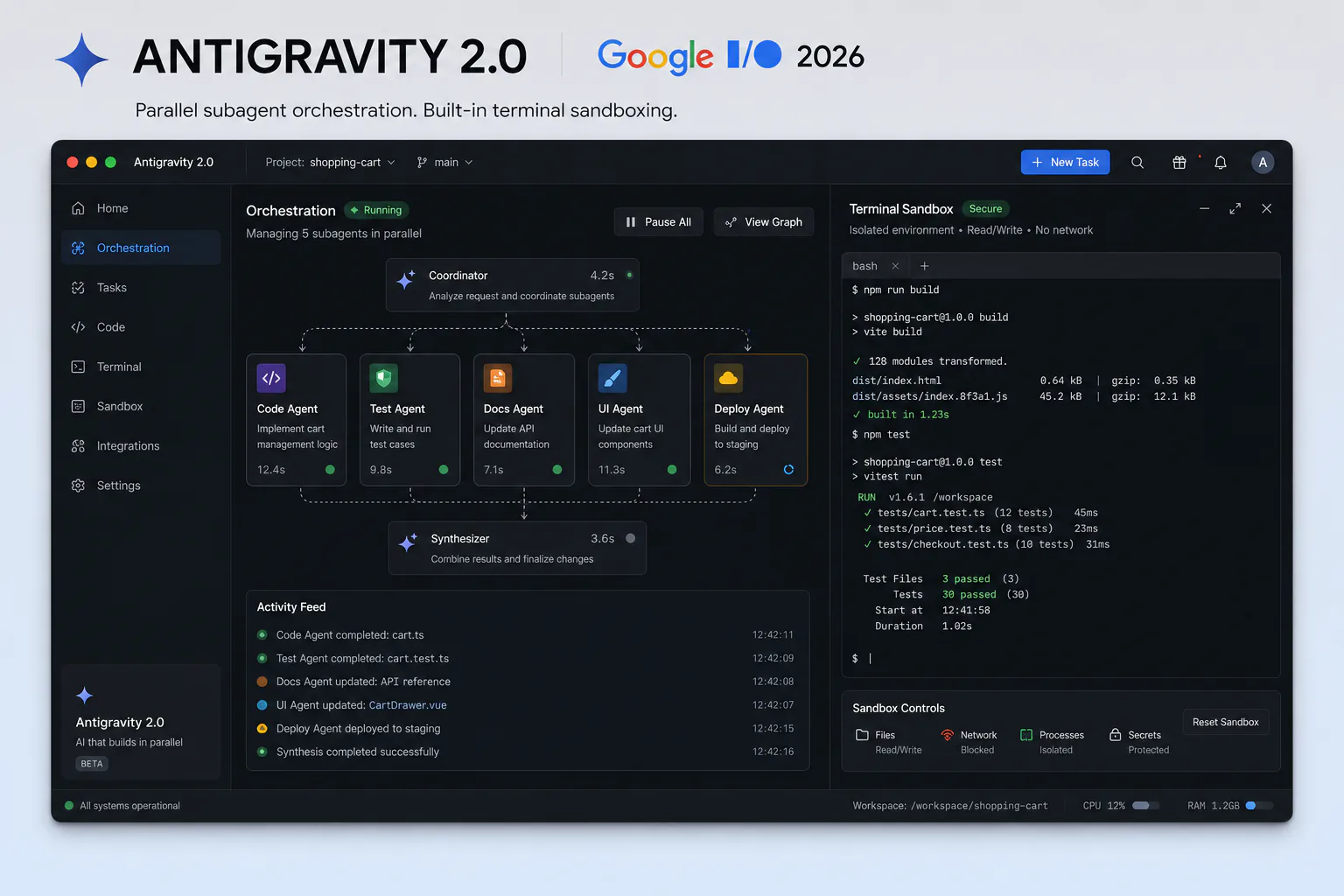 Antigravity 2.0 desktop application interface showing parallel subagent orchestration and built-in terminal sandboxing at Google I/O 2026