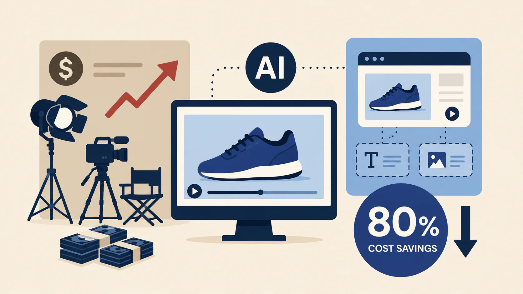 Split comparison of traditional television commercial production set versus an AI-generated video ad workflow showing Google Veo 3 prompt-to-video generation for a brand advertising campaign