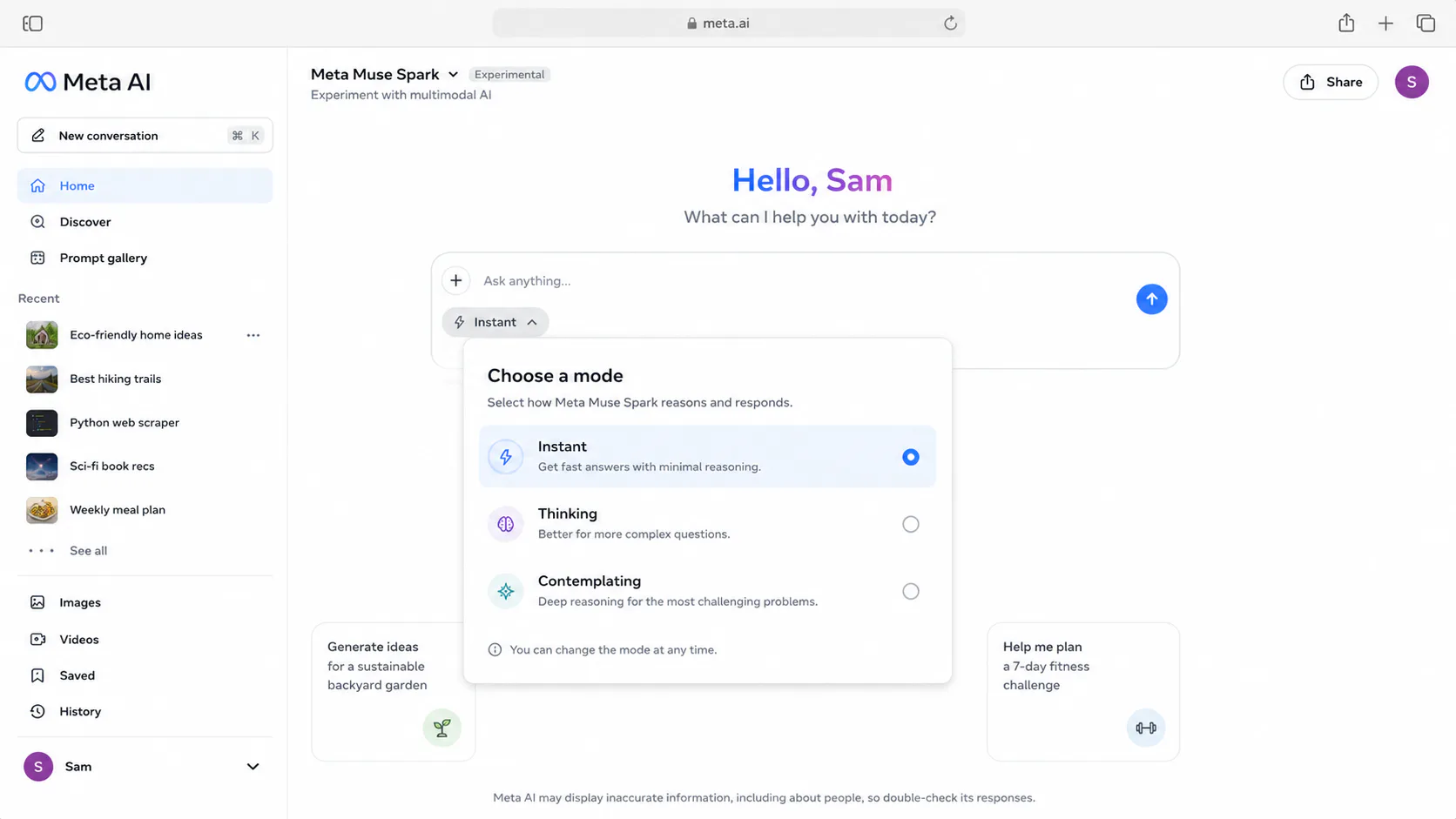 Meta Muse Spark mode selector showing Instant, Thinking, and Contemplating reasoning options