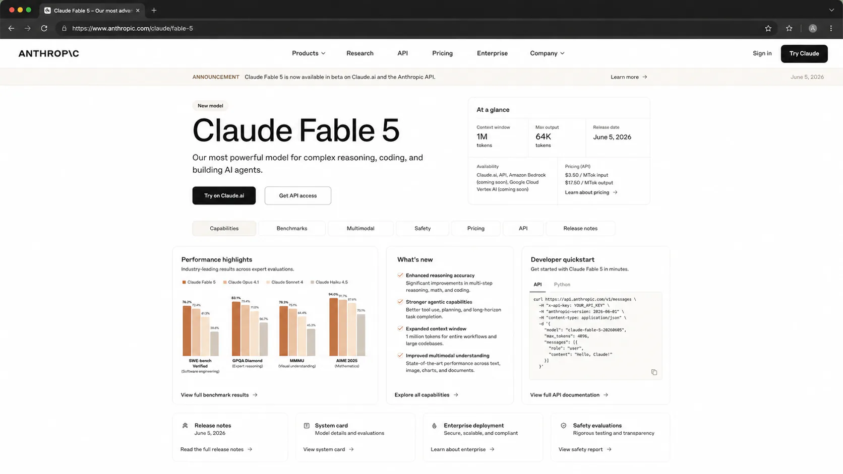Claude Fable 5 launch page on Anthropic's website showing the model card before the June 12 suspension took it offline