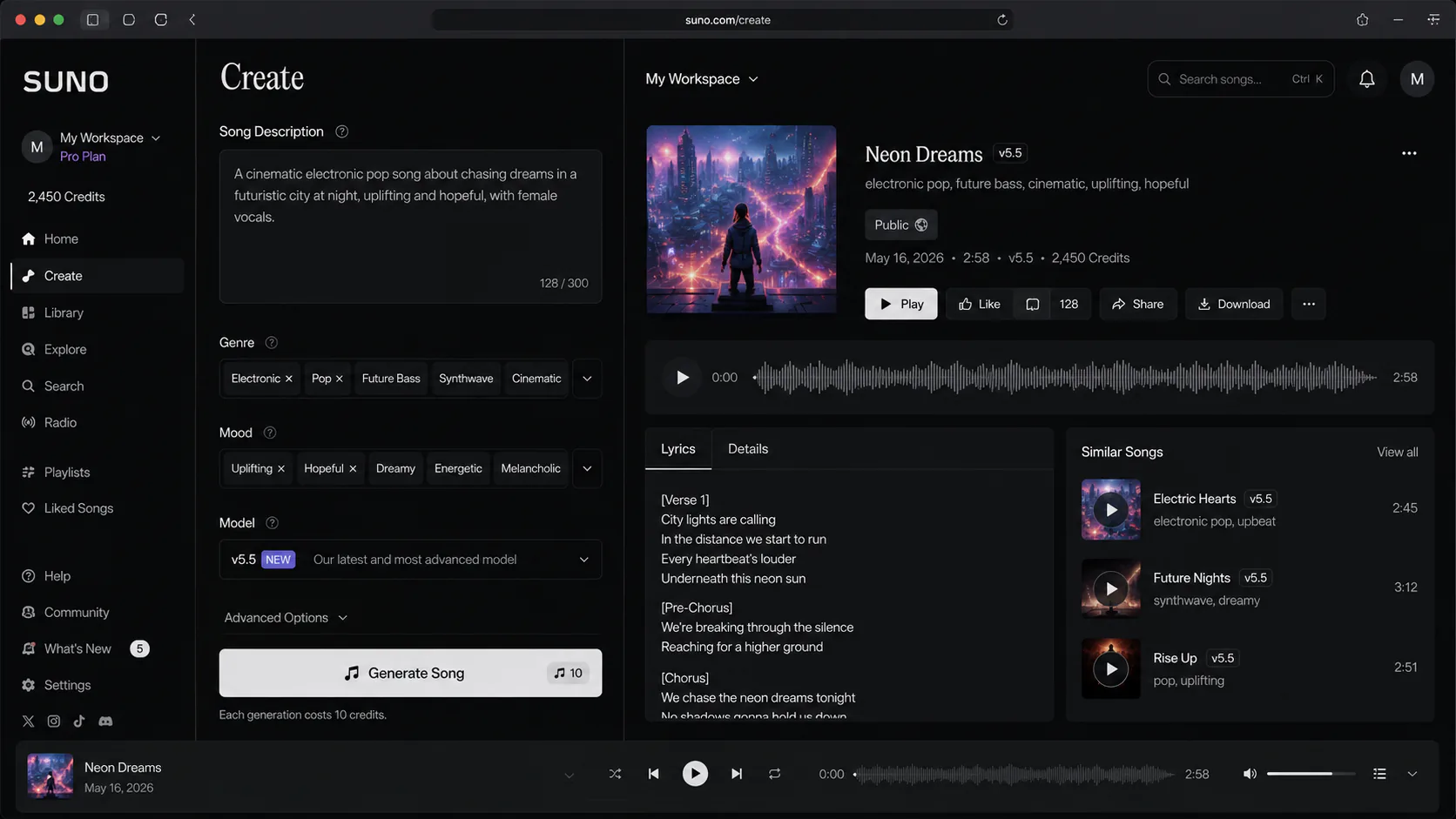 Suno v5.5 interface showing the text prompt field, genre selectors, and generated song with waveform in 2026