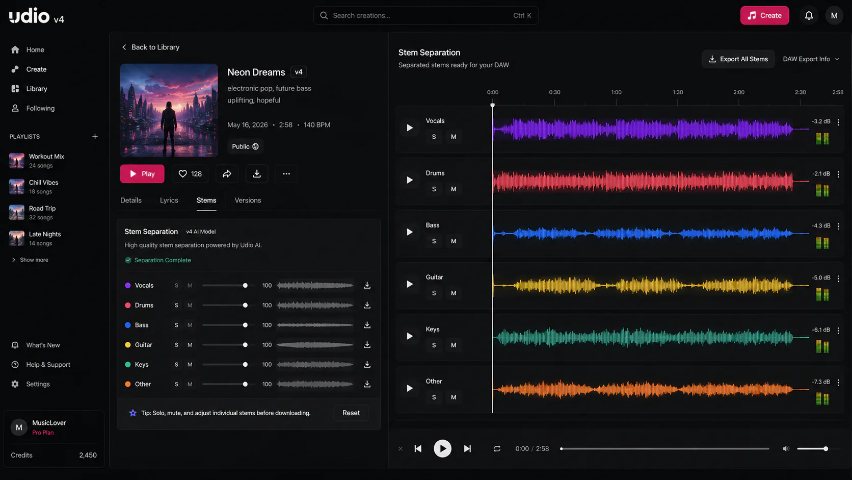 Udio v4 stem separation interface showing separated audio tracks ready for DAW export in 2026
