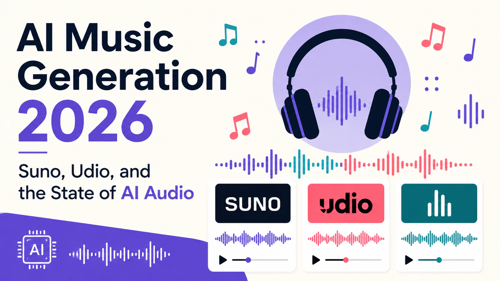 Suno v5.5 and Udio v4 interfaces side by side showing AI music generation in 2026 with waveform displays