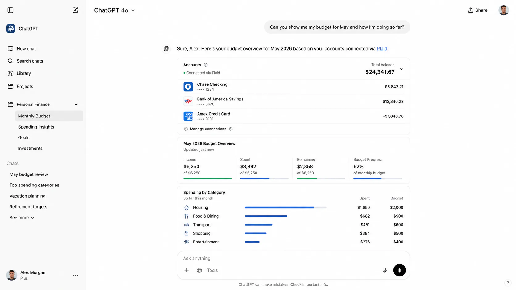ChatGPT personal finance interface with Plaid bank connection showing conversational budgeting and account balance summary in 2026