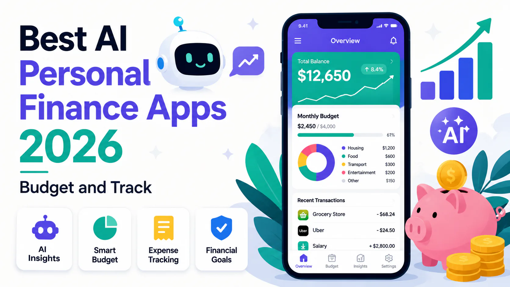 Side-by-side comparison of AI personal finance app dashboards in 2026 showing Cleo, Monarch Money, Copilot, and Origin interfaces