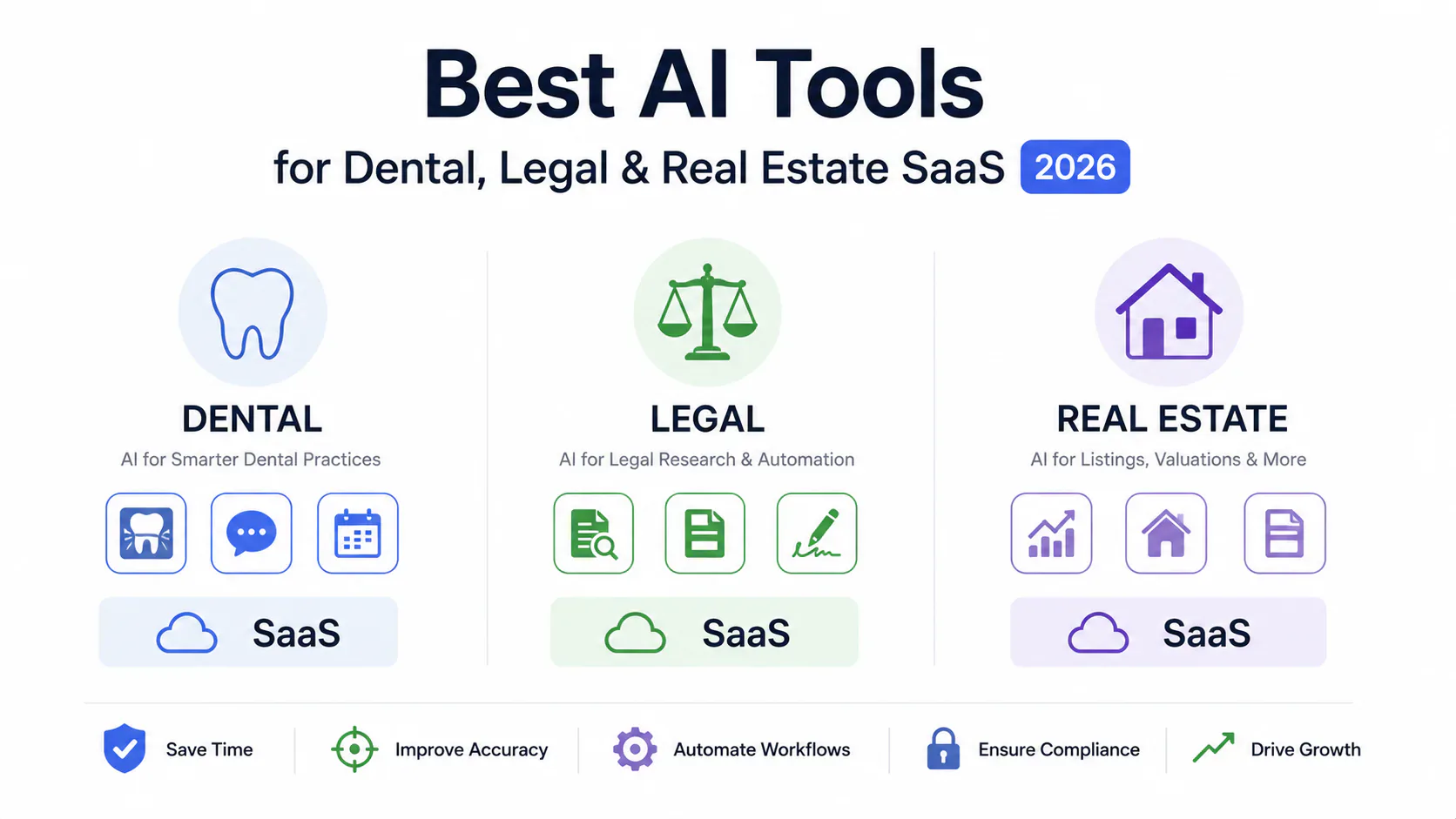 Pearl dental imaging AI, Harvey legal AI platform, and Follow Up Boss real estate CRM shown as the leading vertical SaaS AI tools in 2026