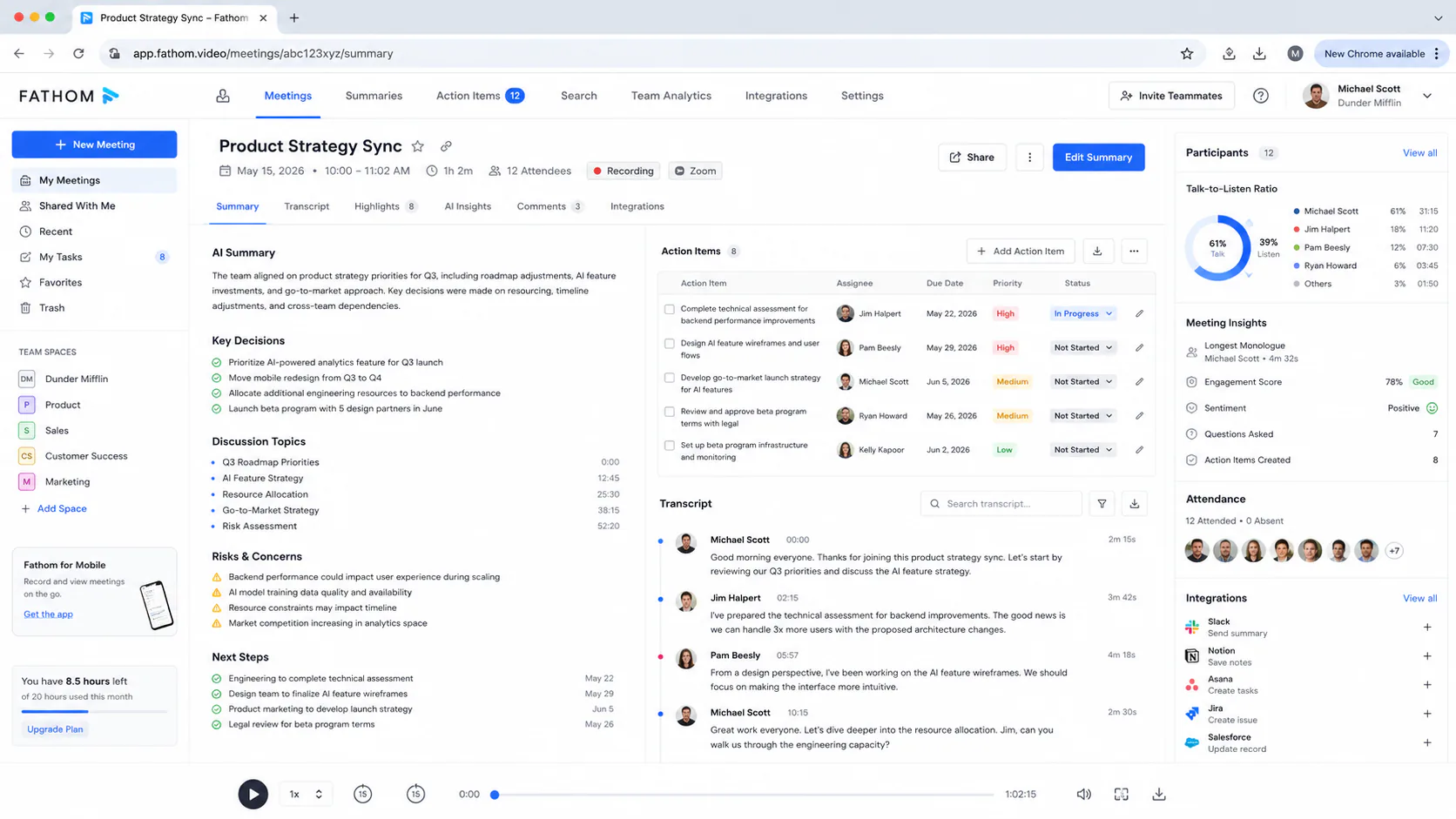Fathom AI meeting tool showing action item extraction and speaker attribution in the post-call summary view