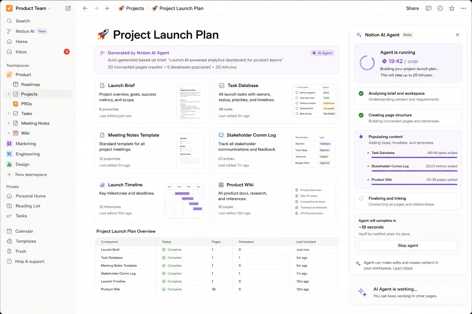 Notion AI Agent running autonomously for 20 minutes building a project launch plan across multiple connected pages in a product team workspace