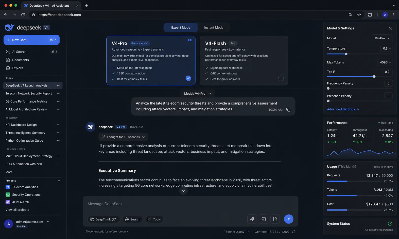 DeepSeek V4 chat interface showing Expert Mode and Instant Mode toggles for V4-Pro and V4-Flash selection
