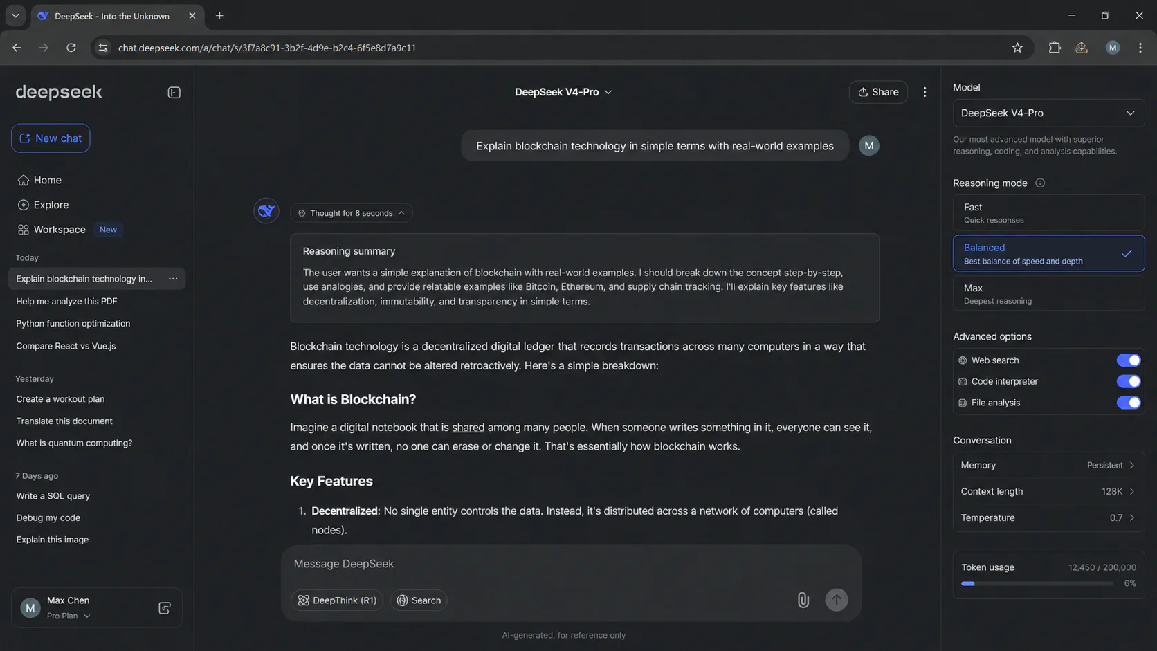DeepSeek V4-Pro web interface showing the reasoning mode selector with Fast, Balanced, and Max options
