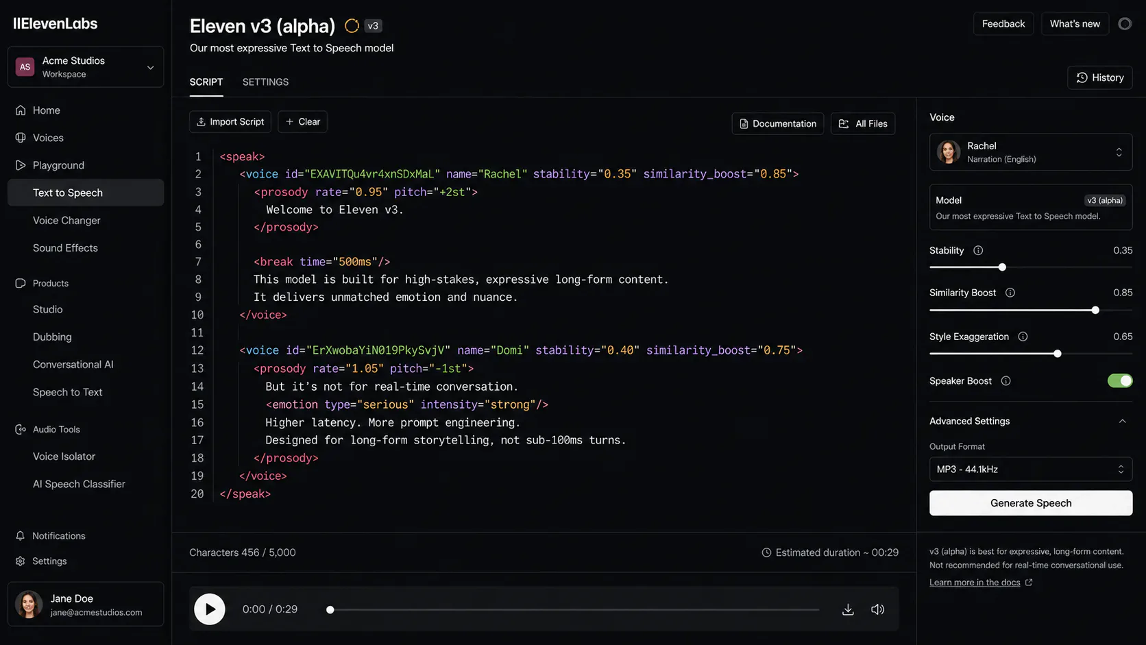ElevenLabs Eleven v3 script editor showing audio tag syntax with emotional direction markers