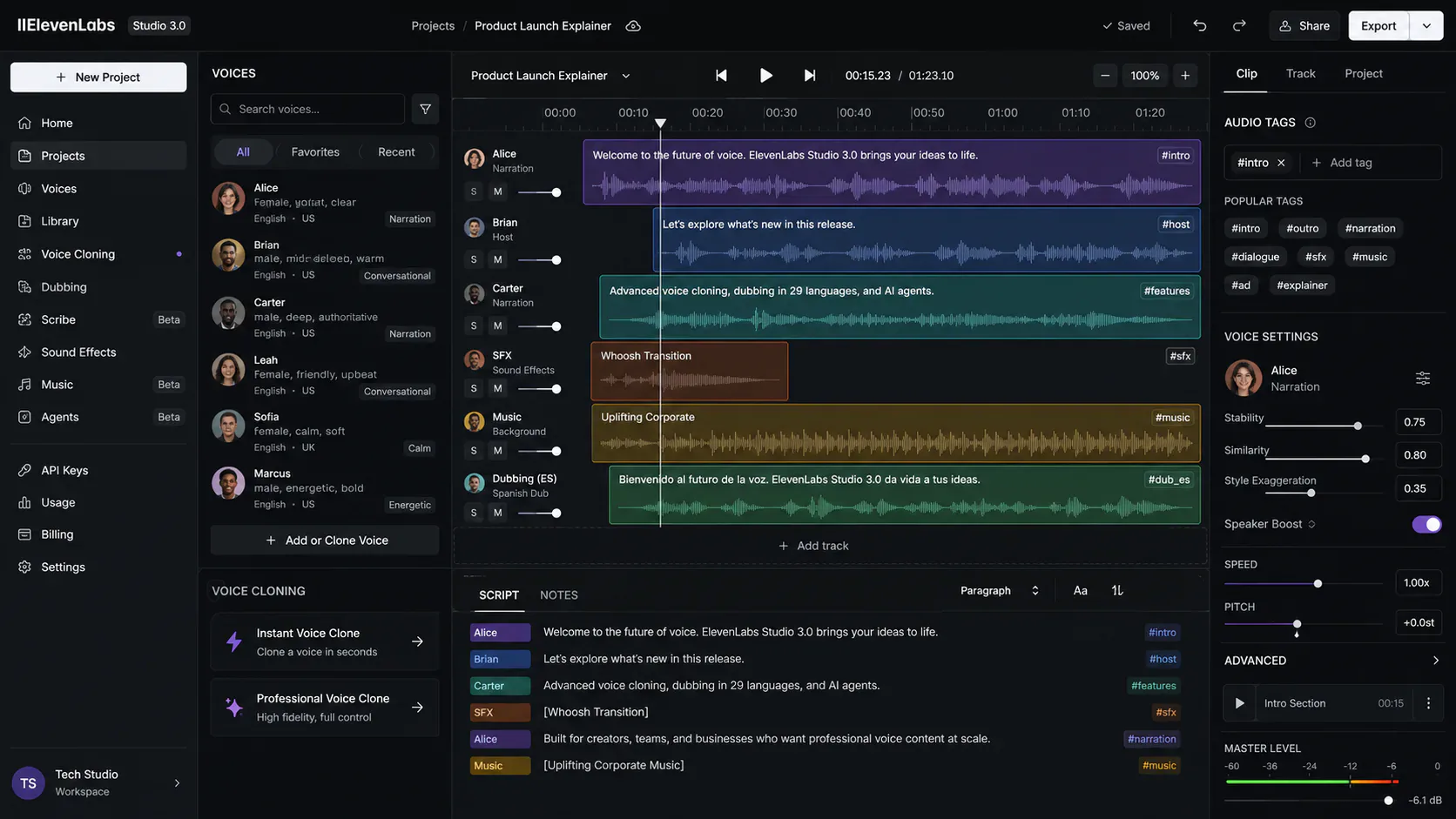ElevenLabs Studio 3.0 showing multi-track timeline, voice panel, and audio tag controls