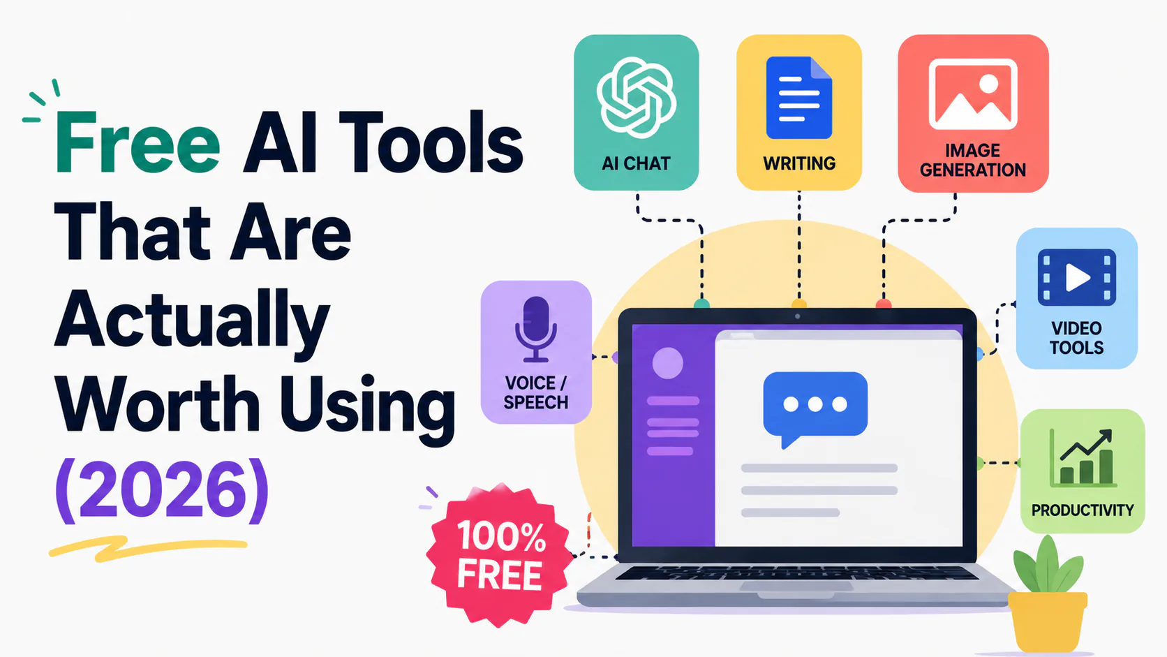 Free AI tools grid 2026 showing ChatGPT, Claude, NotebookLM, Gemini, Codeium, and Canva AI interfaces side by side