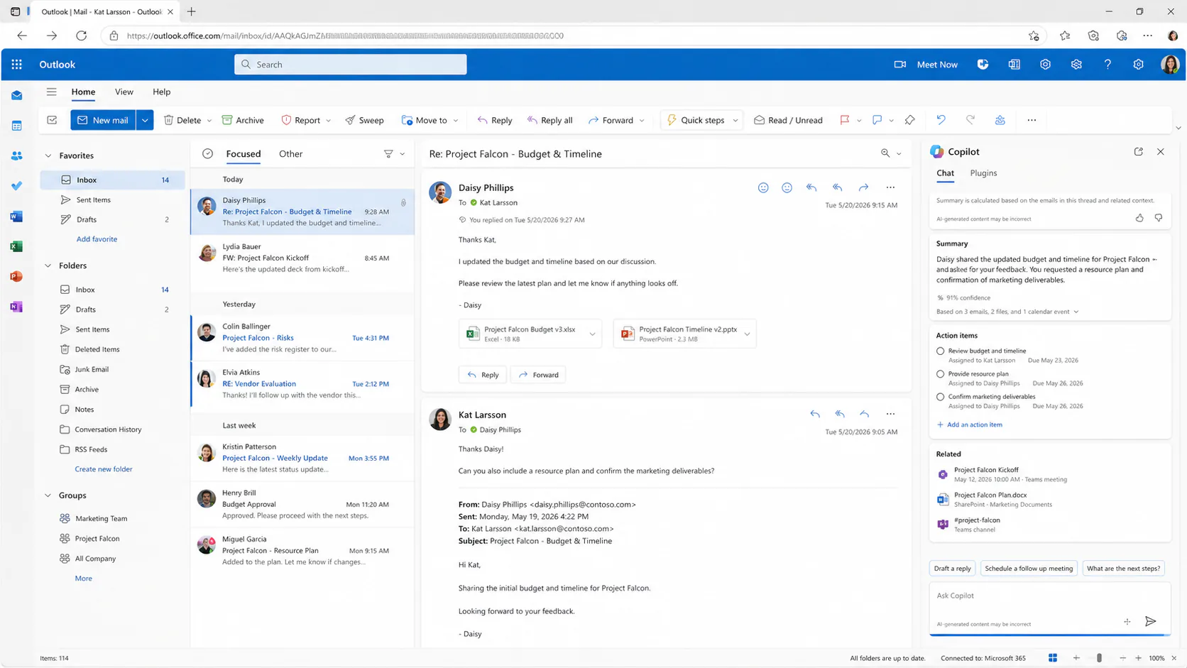 Copilot Chat sidebar in Outlook automatically grounding against an open email thread with implicit ContextIQ enabled