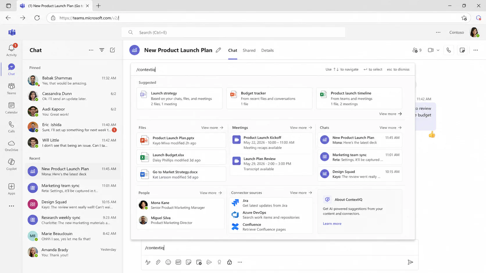 Microsoft Copilot ContextIQ slash picker menu inside Teams showing files, meetings, chats, and connector sources