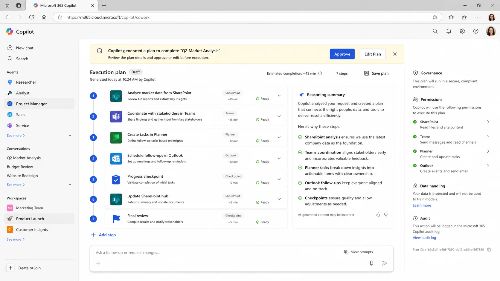 Microsoft Copilot Cowork interface showing autonomous task plan with SharePoint, Teams, and Planner steps before user approval