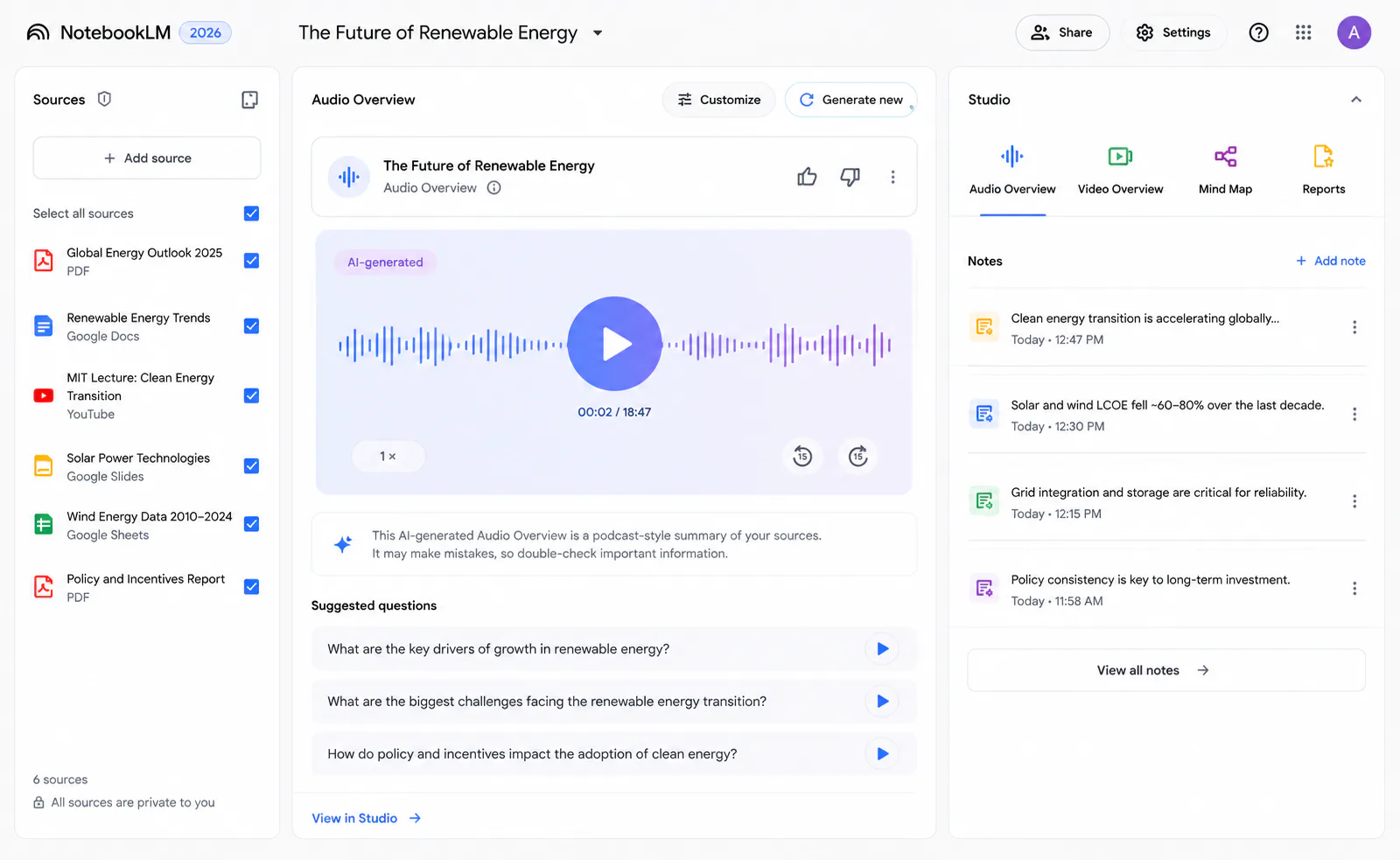 NotebookLM Audio Overview player showing AI-generated podcast-style summary of uploaded sources