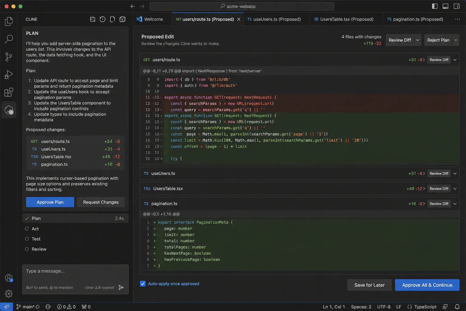 Cline VS Code extension showing the Plan step with a proposed multi-file edit awaiting developer approval