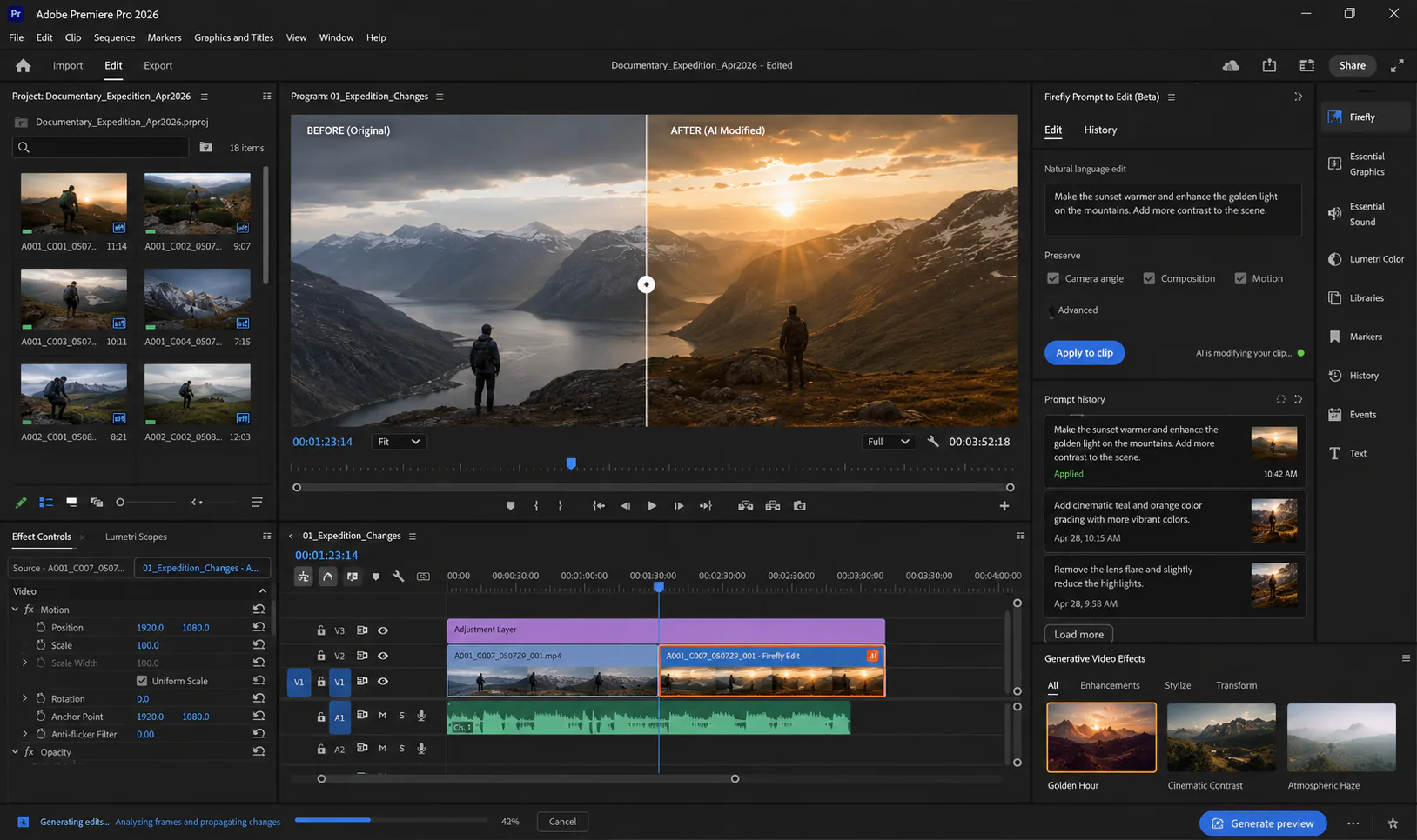 Adobe Firefly Prompt-to-Edit interface in Premiere Pro showing natural language change applied to existing video clip across frames