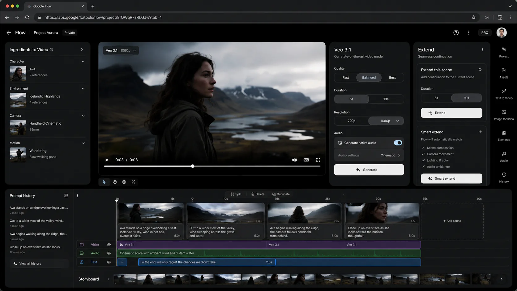 Google Flow interface showing Ingredients-to-Video and Extend features with Veo 3.1 generation panel and natural language timeline editing