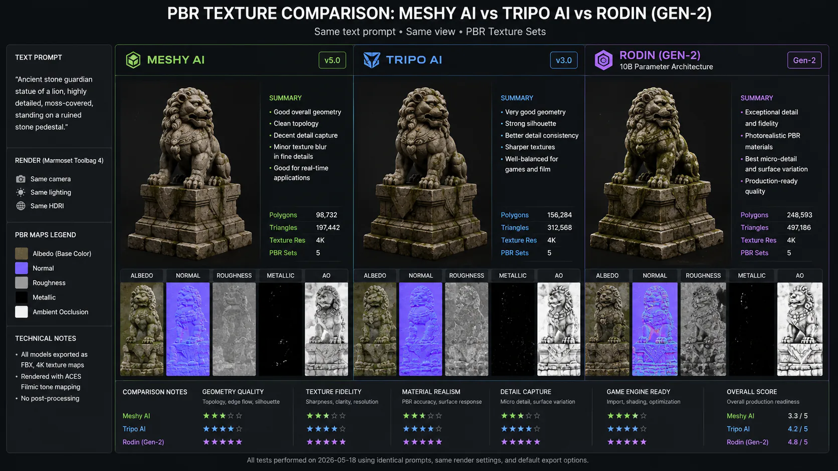 Side-by-side PBR texture comparison between Meshy AI, Tripo AI, and Rodin outputs on the same text prompt
