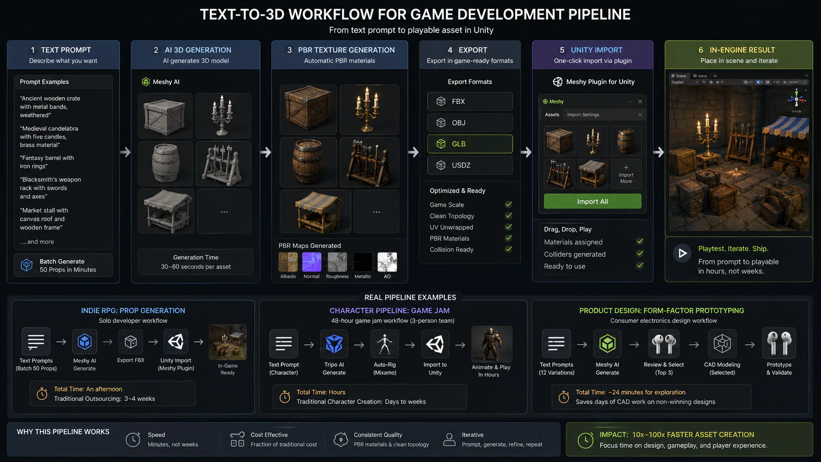 Diagram showing text-to-3D workflow from text prompt through PBR generation, export, and Unity import for game development pipeline