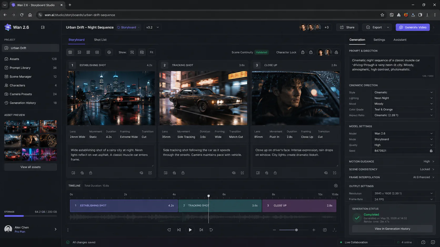 Wan 2.6 multi-shot storyboard output showing three consecutive camera angles in one generated clip