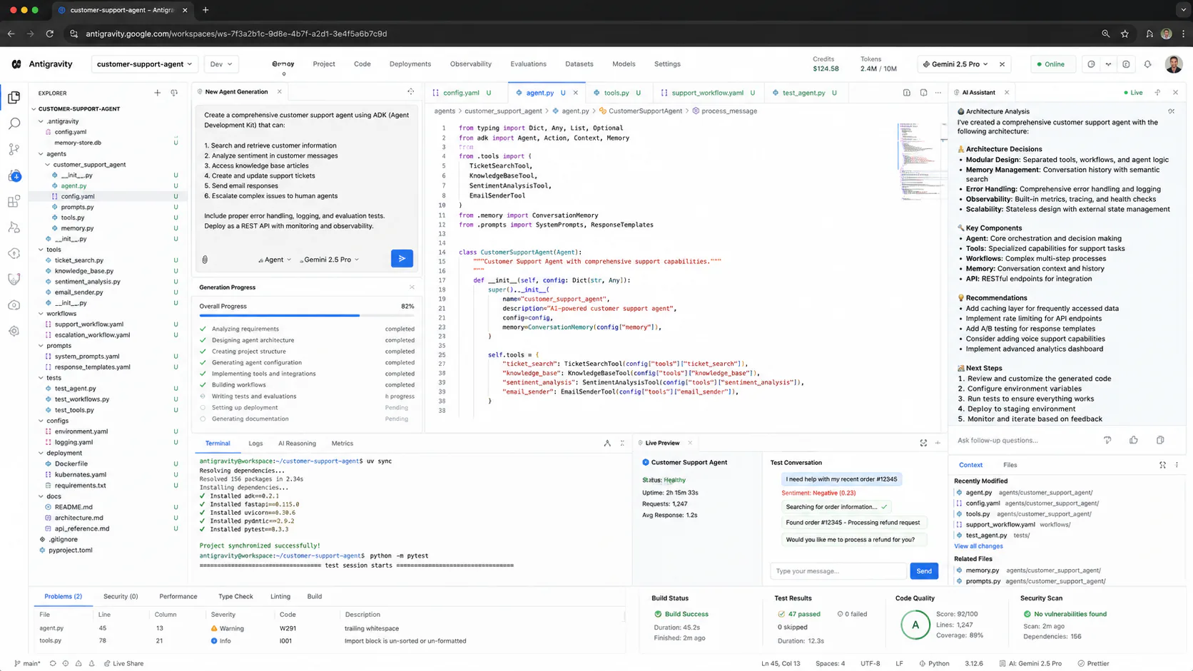 Google Antigravity IDE showing a natural language prompt generating ADK agent scaffolding code in the editor