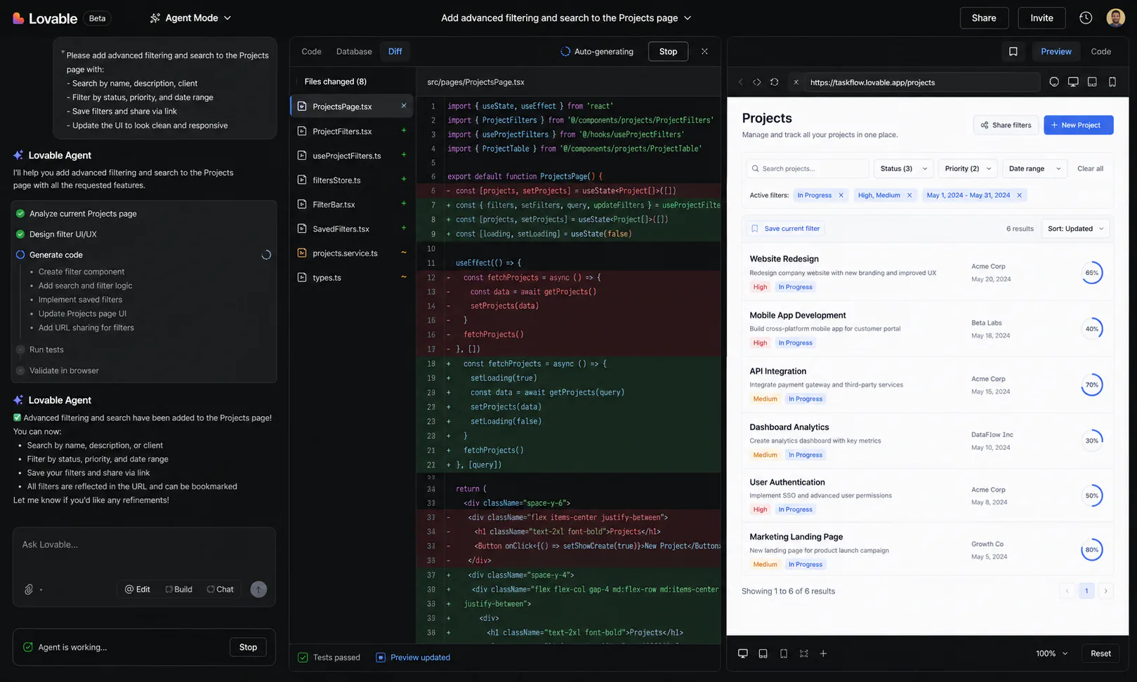 Lovable Agent Mode building a feature with automated code generation and in-browser testing