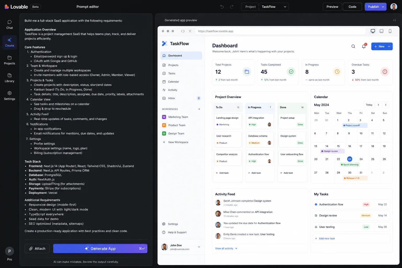 Lovable prompt editor and generated app preview after submitting a detailed full-stack app description