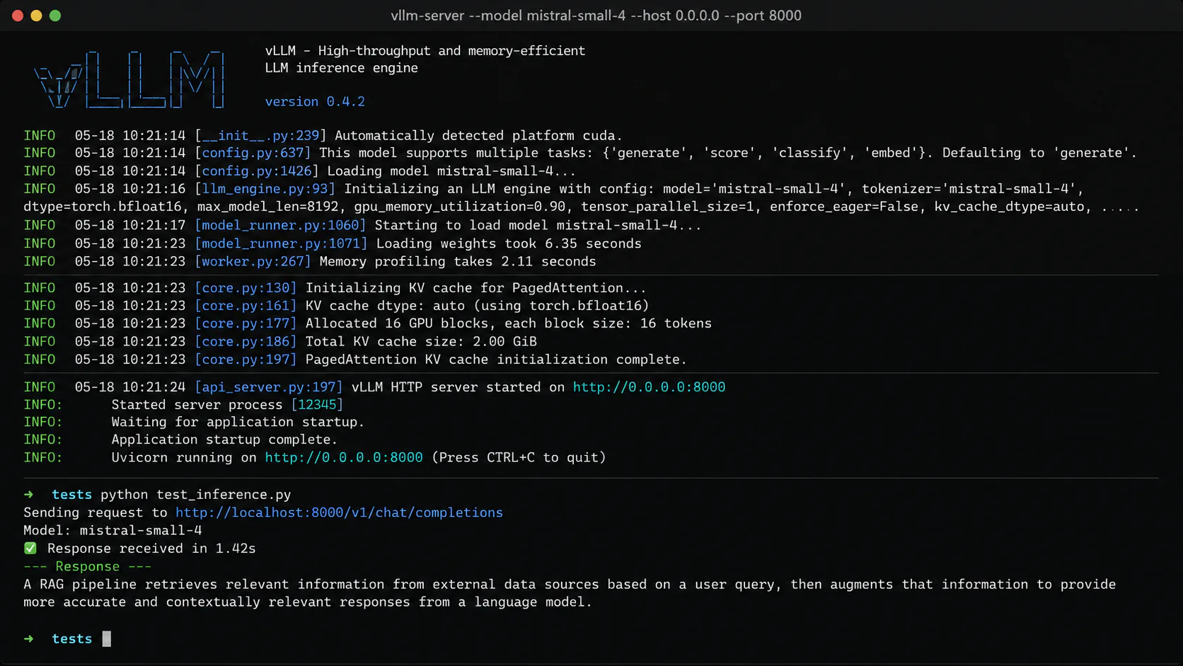 vLLM server terminal output showing successful model load, PagedAttention KV cache initialization, and first inference request completion