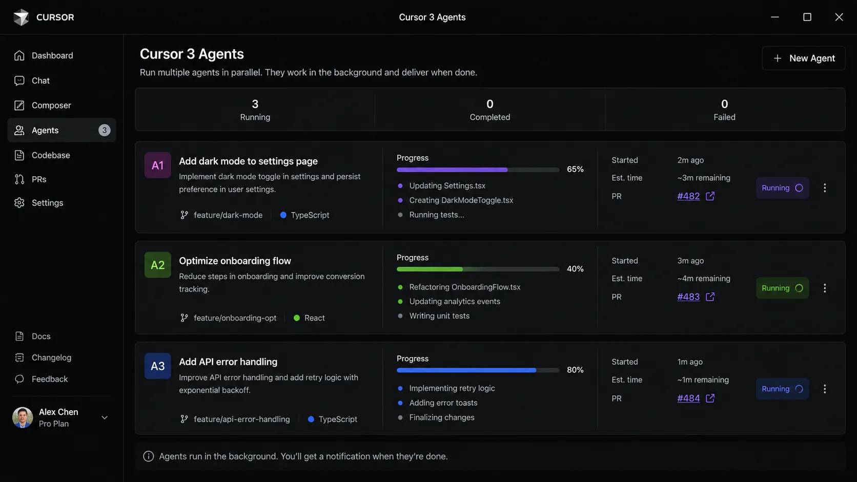 Cursor 3 Agents Window showing three parallel background agents with status indicators and PR links