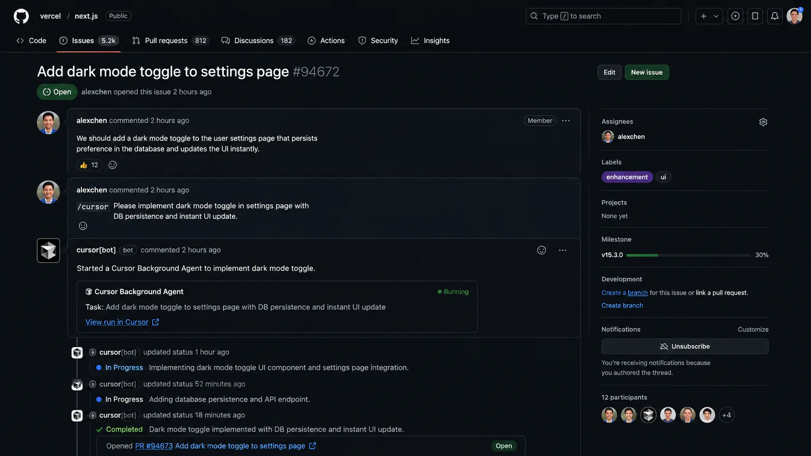 GitHub issue showing a /cursor comment triggering a Cursor Background Agent with status updates in the thread