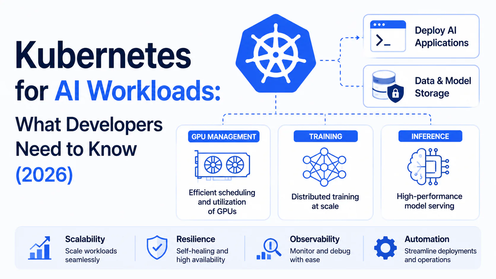 Kubernetes AI workloads architecture diagram showing DRA GPU scheduling, Kueue job queuing, and llm-d inference framework on a cluster