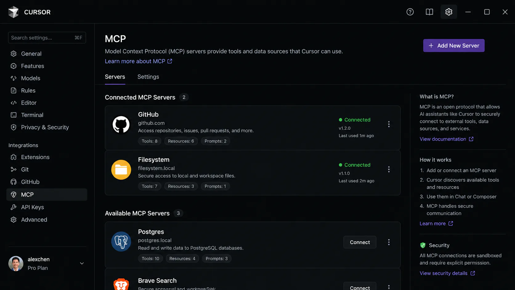 Cursor MCP settings panel showing connected GitHub and Filesystem MCP servers with green status indicators